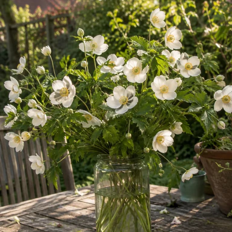 Canada anemone stems cut for a bouquet beside ripening seed heads