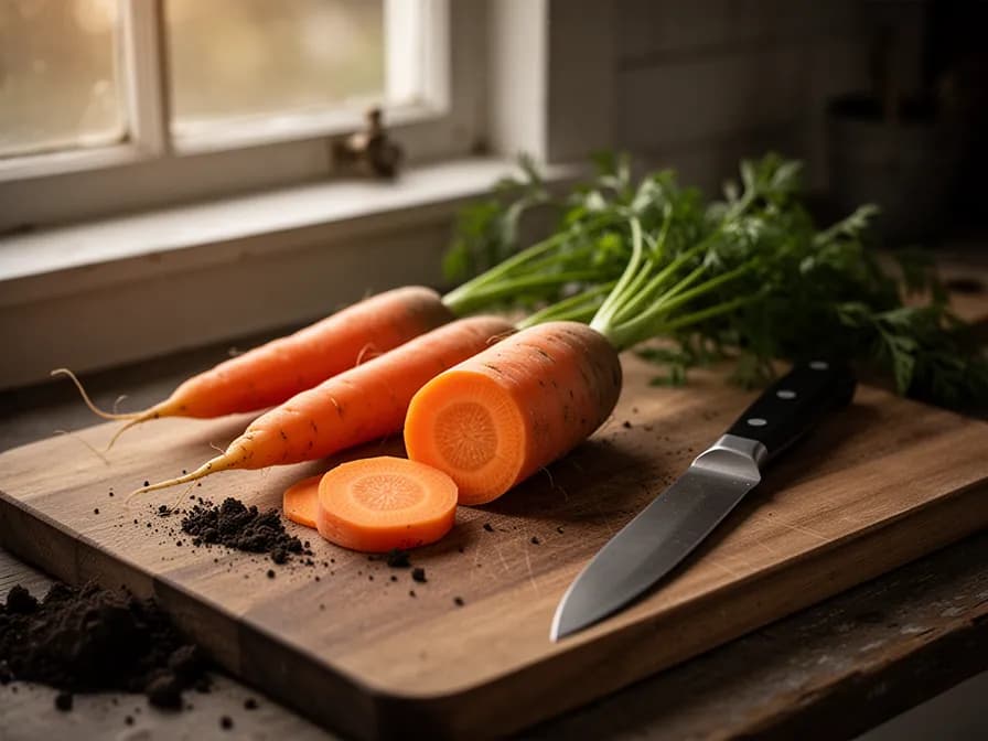 Querschnitt einer Nantes-Karotte mit minimalem Kern und tiefem Orange des Fruchtfleisches