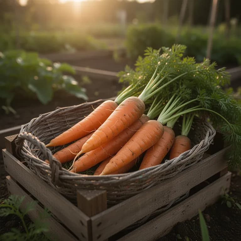 Frisch gezogene Nantes-Karotten mit leuchtend orangefarbenen zylindrischen Wurzeln und grünem Kraut