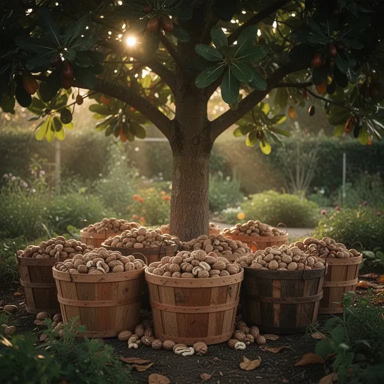 Leuchtend gelbe und rote reife Cashewäpfel am Baum