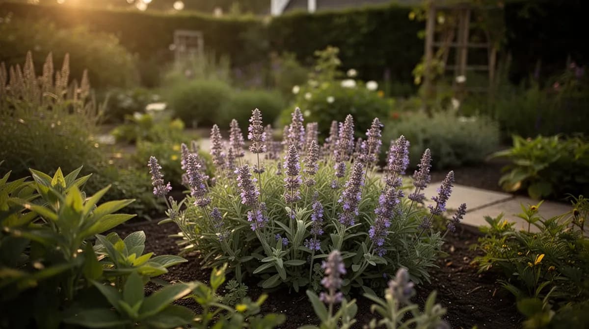 Nepeta usada como borde de jardín ondulante junto a un sendero de piedra