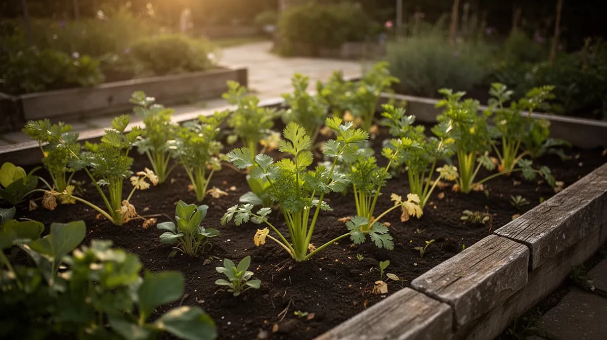 Celery plants growing in the garden with lush green stalks