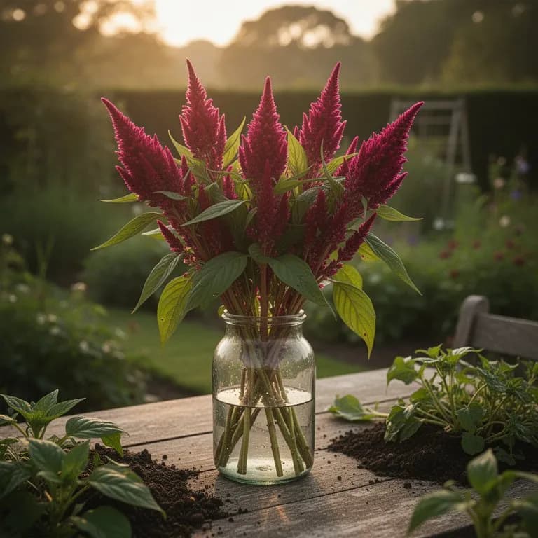 Freshly cut celosia stems arranged in a metal bucket of water in the garden