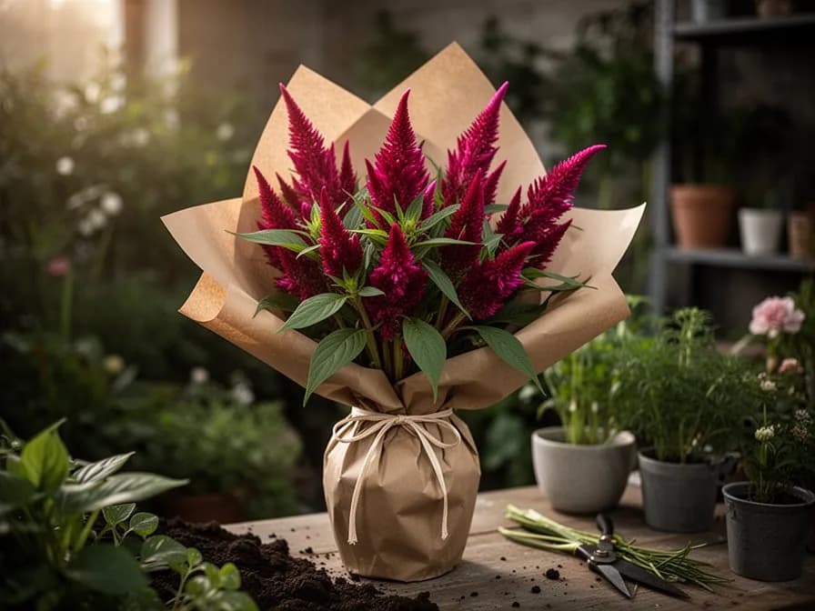 Penachos de celosia secos dispuestos en un ramo otoñal con gramíneas y vainas de semillas