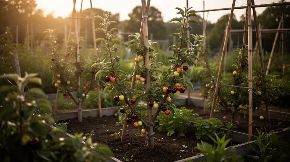 Ausgewachsener Lapins-Kirschbaum auf Colt-Unterlage mit einem breiten, kräftigen Kronendach, das im Hochsommer mit reifenden Früchten bedeckt ist