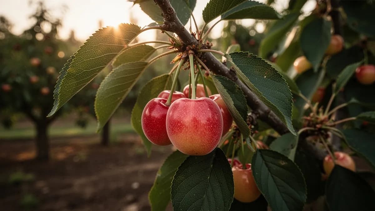 Große Trauben reifer Rainier-Kirschen mit goldgelbem, tiefpink und rot gehauchtem Fruchtfleisch, die von einem belaubten Ast im Sommersonnenlicht herabhängen