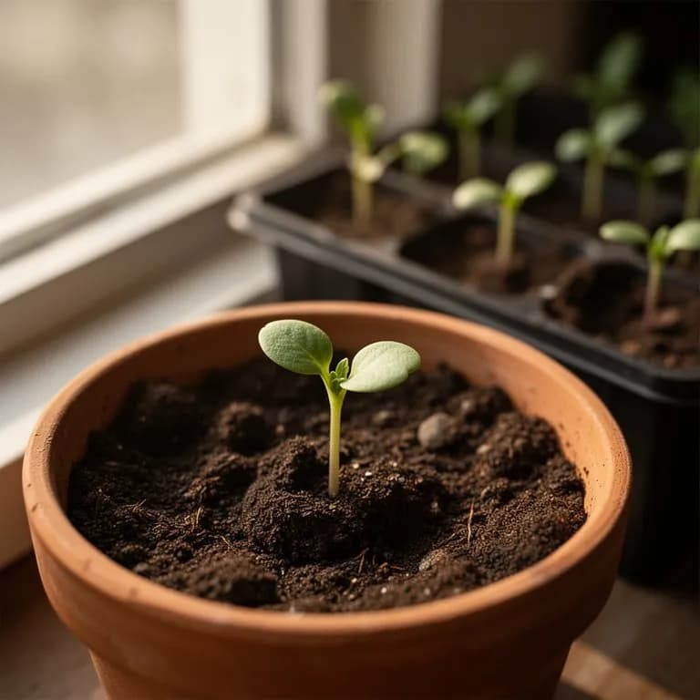 Jovenes plantulas de aster chino con sus primeras hojas verdaderas emergiendo de las bandejas de siembra