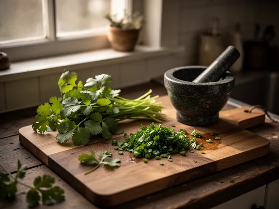 Dried coriander seeds in a small bowl next to a cilantro plant