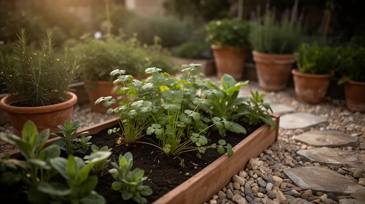 Cilantro growing alongside tomatoes and peppers in a raised bed