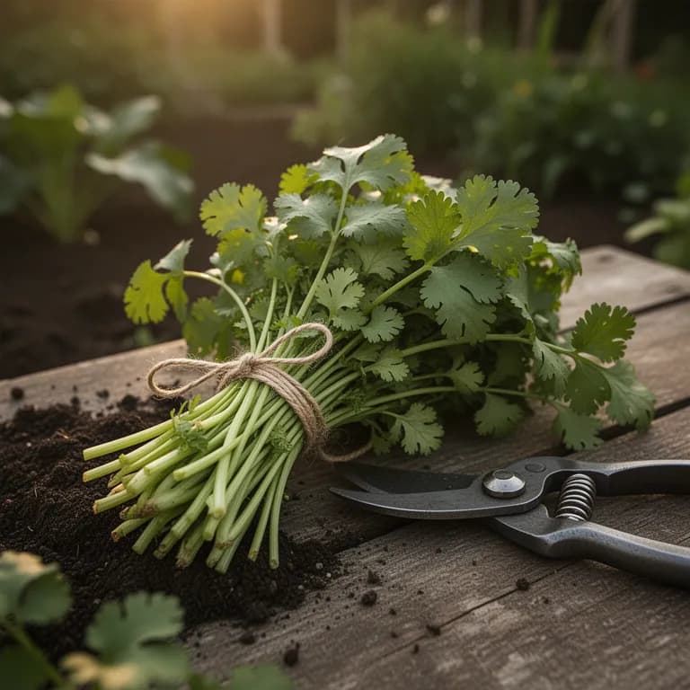 Freshly harvested bunch of cilantro leaves tied together