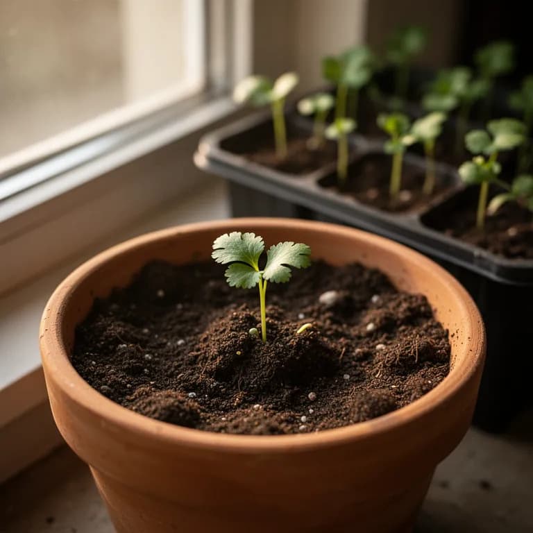 Young cilantro seedlings emerging from rich garden soil