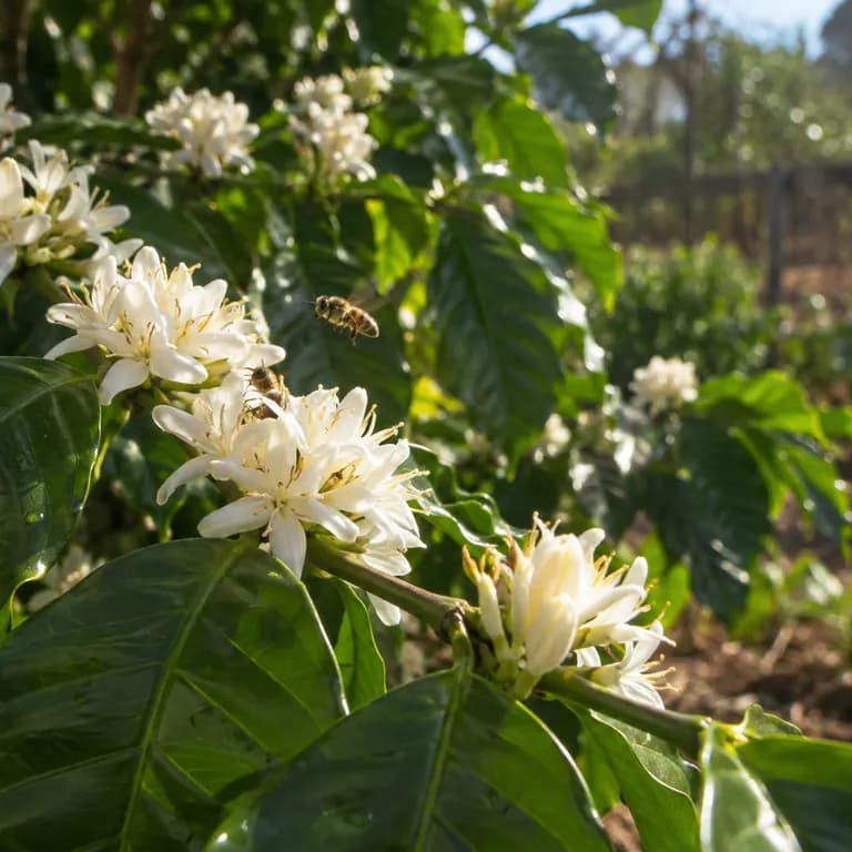 Clusters of small white star-shaped coffee flowers along a branch with glossy green foliage
