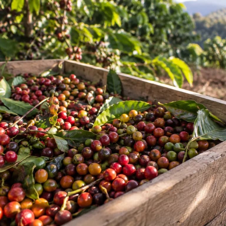 Hands holding freshly picked ripe red coffee cherries above a harvesting basket