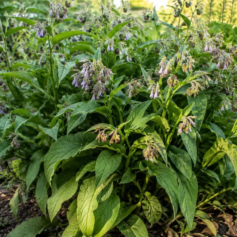 Broad vigorous comfrey clump filling its patch of garden bed in midsummer