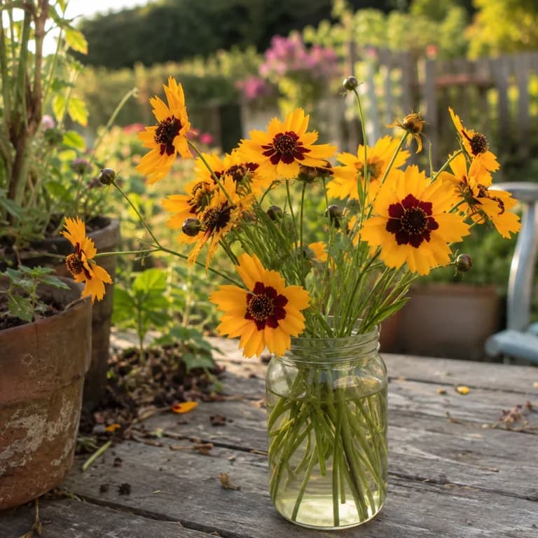 Freshly cut coreopsis stems with golden blooms held in a bunch