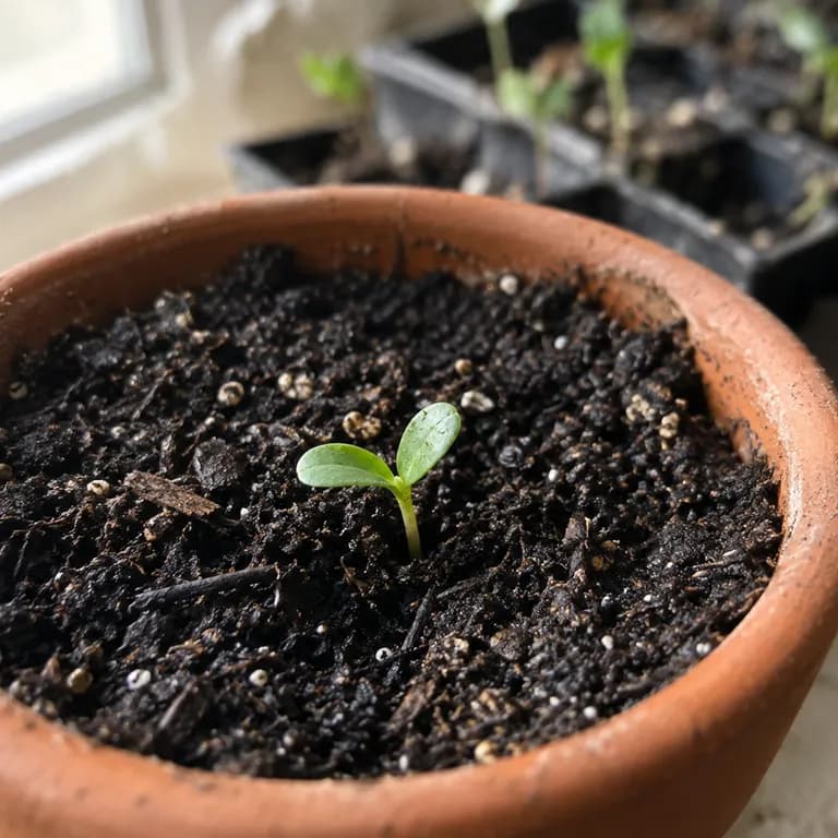 Young coreopsis seedlings with narrow first true leaves in a seed tray