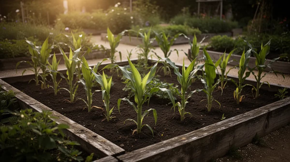 Block of corn plants growing in a garden