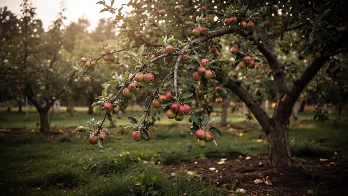 Manzano silvestre en invierno con frutos rojos brillantes persistentes aferrados a las ramas desnudas sobre un fondo de escarcha