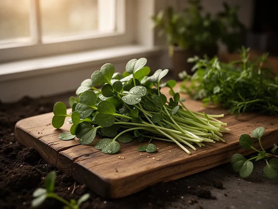 Garden cress growing in a small pot on a bright kitchen windowsill