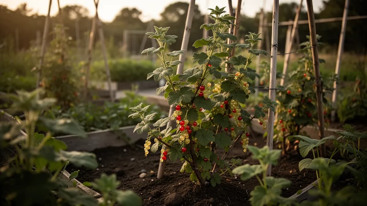 Red currant bush growing alongside chives and marigolds in a garden border