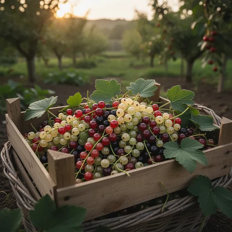 Clusters of bright red currants hanging from a branch