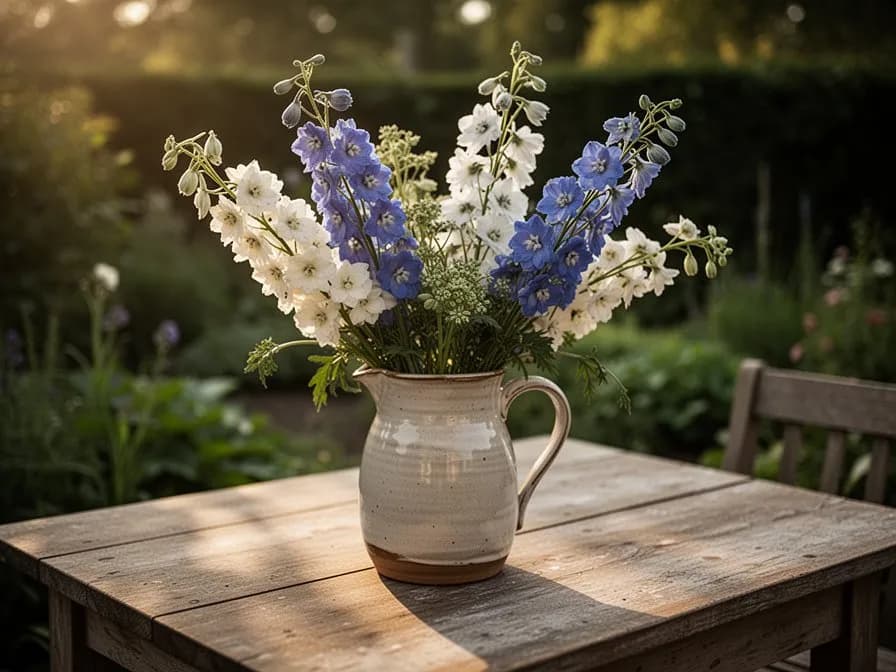 Flores secas de rittersporn extendidas sobre una superficie de madera