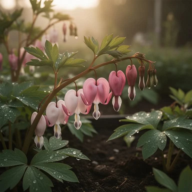 Primer plano de una sola flor de corazón sangrante mostrando los pétalos exteriores rosas y los interiores blancos