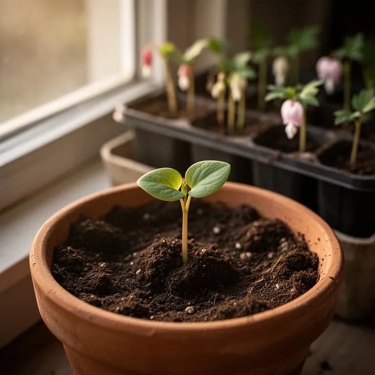 Brotes rojos rosados de corazón sangrante emergiendo del suelo a principios de primavera