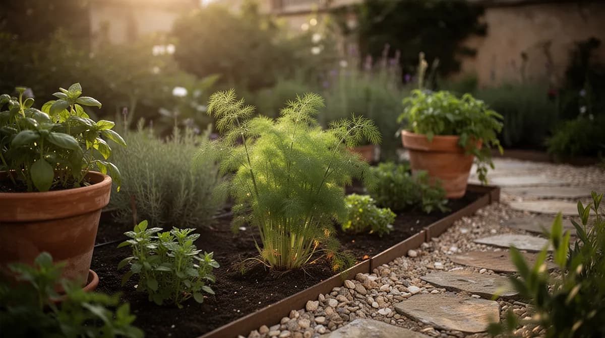 Dill growing alongside cucumbers and lettuce in a garden bed