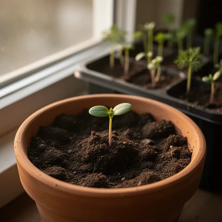 Young dill seedlings emerging with feathery cotyledons