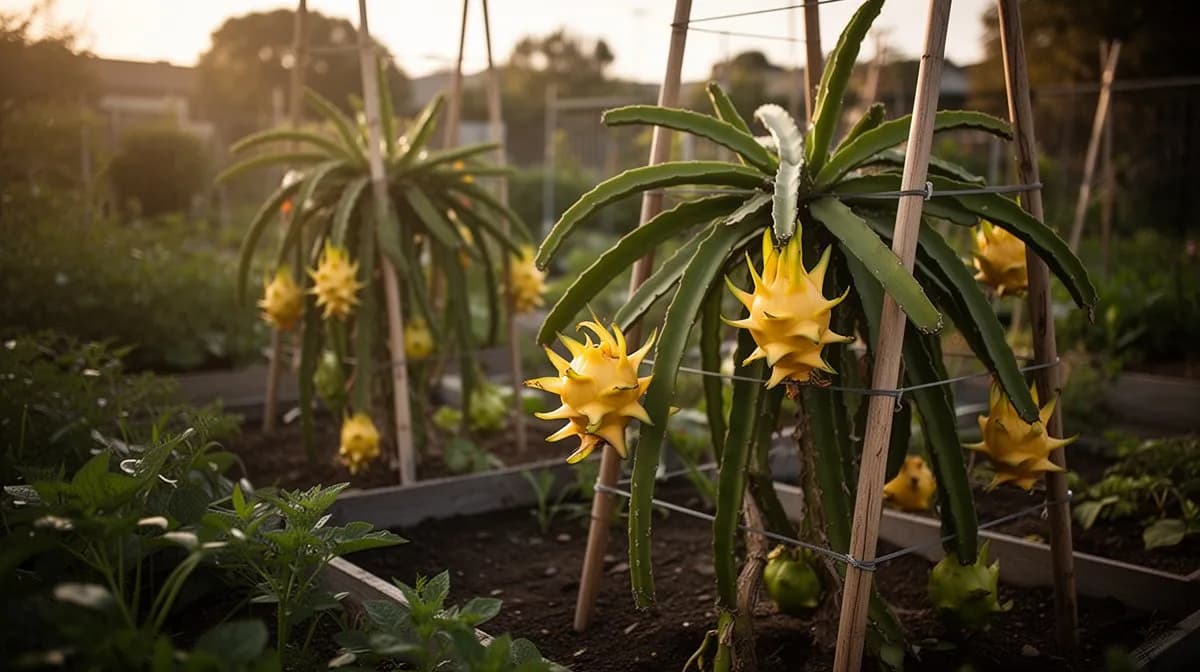 Cactus de pitahaya amarilla creciendo en un gran contenedor en un patio