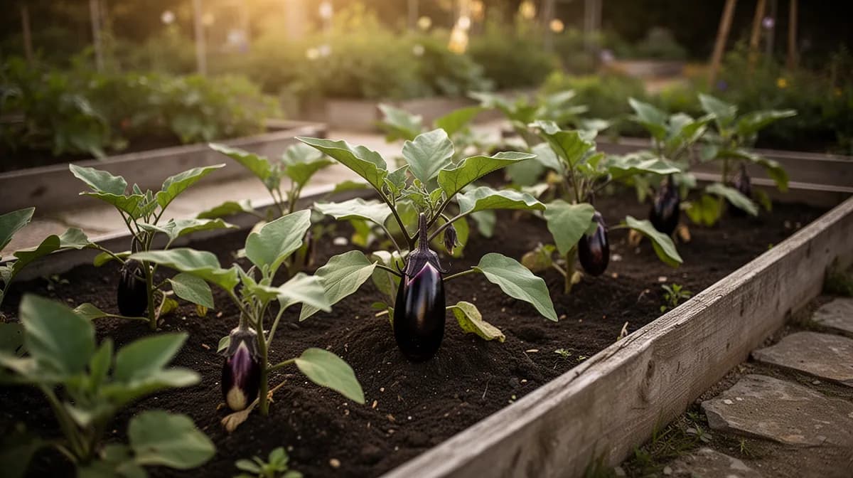 Eggplant plants growing in a sunny raised bed