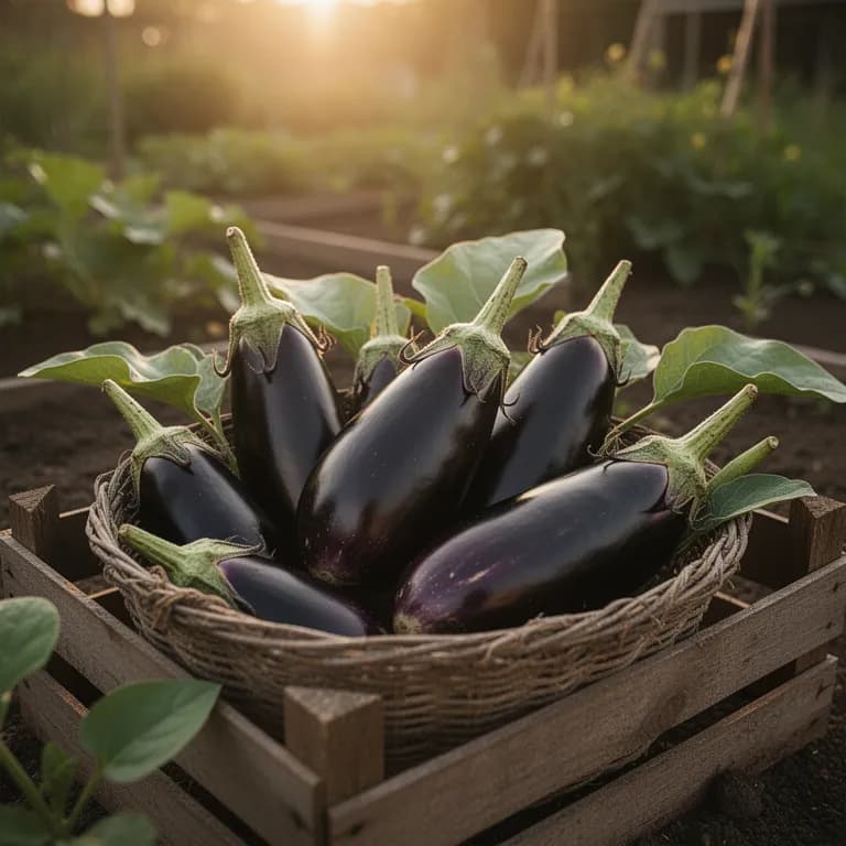 Freshly harvested eggplants in a basket