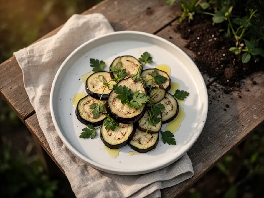 Grilled eggplant slices with char marks
