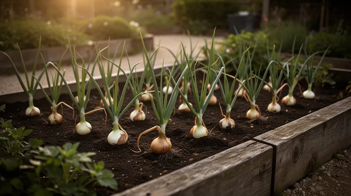 A thriving patch of Egyptian walking onions in a perennial garden bed with tall green stalks