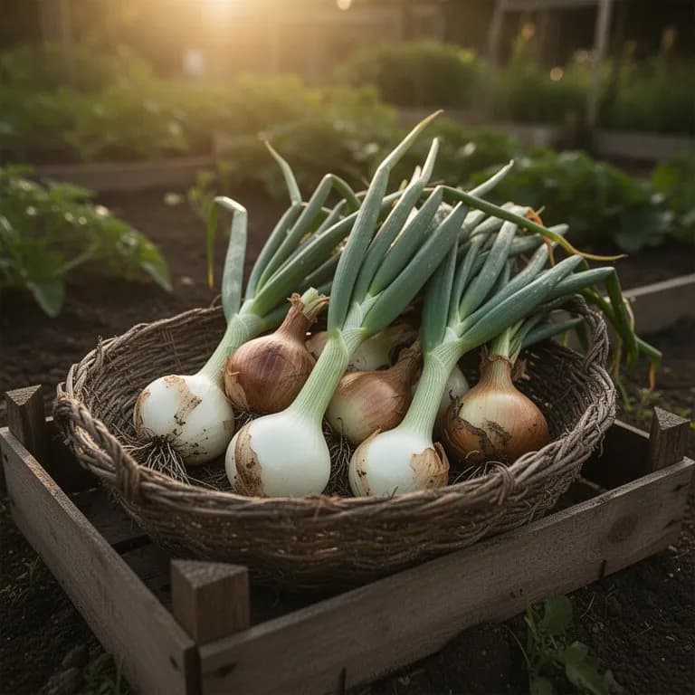 Freshly harvested Egyptian walking onion bulbils and green stalks on a wooden cutting board