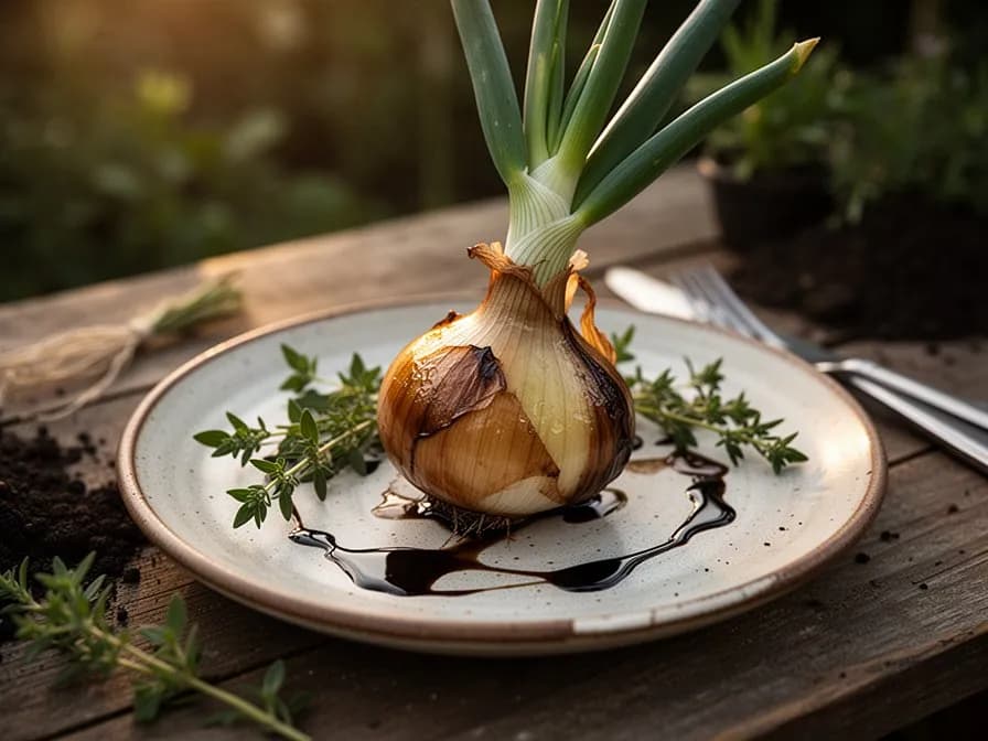 Small pickled Egyptian walking onion bulbils in a glass jar with vinegar brine and herbs