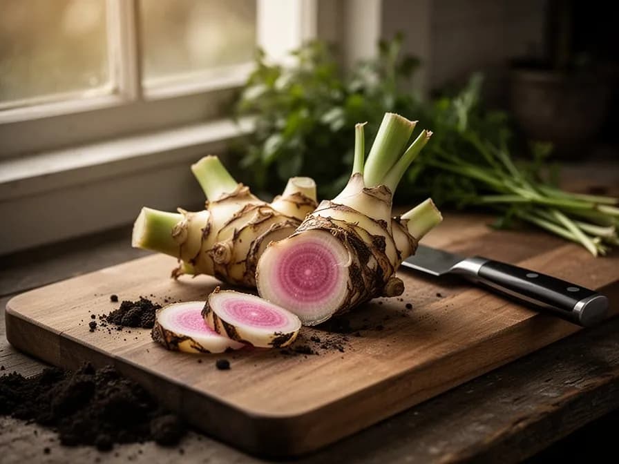 Frisches Galgant-Rhizom mit blassrosa-weißer Haut und charakteristischen Ringmarkierungen