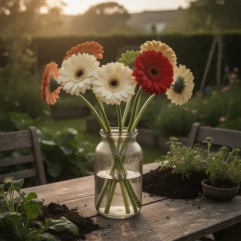 Gardener cutting gerbera daisy stems at an angle for a fresh bouquet
