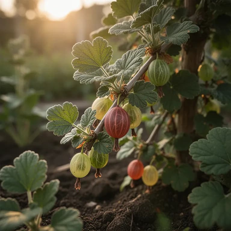 Variedad de grosella espinosa roja con bayas brillantes sobre ramas espinosas