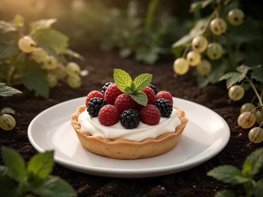 Una tarta de uva espina con corteza dorada recién salida del horno, con enrejado superior y relleno brillante