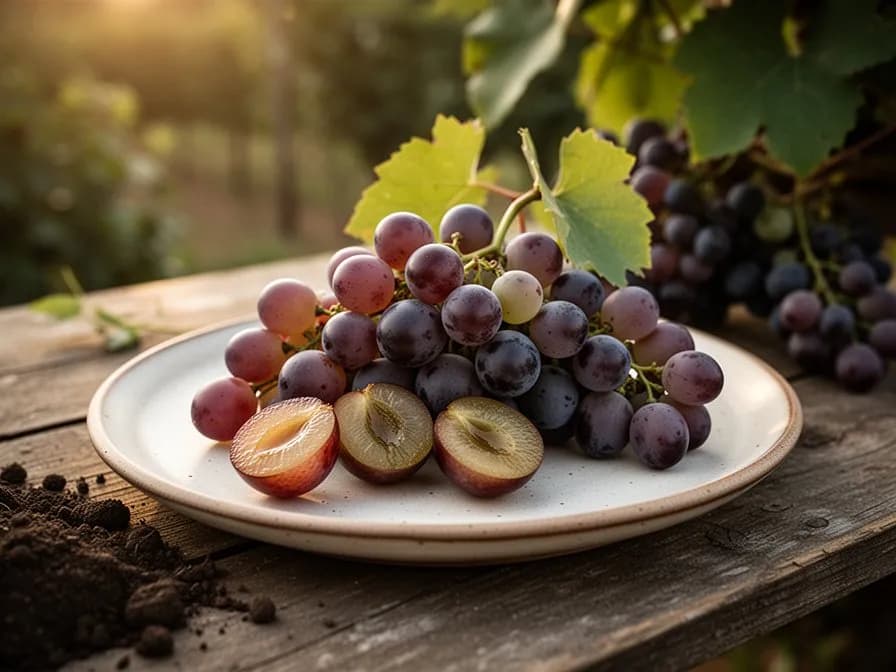 Nahaufnahme zweier reifer Pinot-Noir-Trauben mit charakteristischen kleinen, dicht gepackten blauschwarzen Beeren