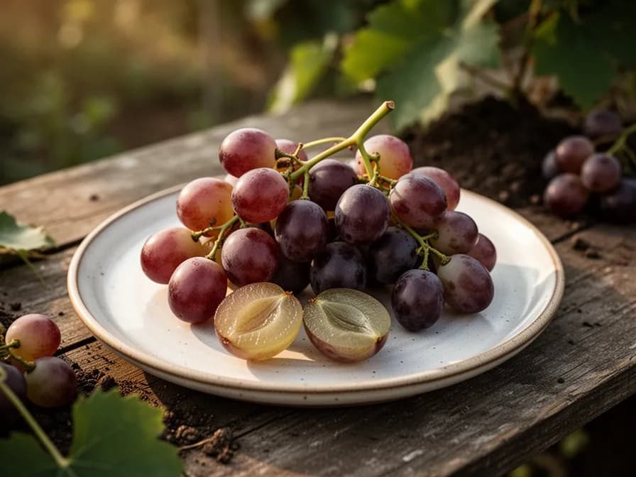 Thompson Seedless grape clusters at veraison with berries turning translucent golden-green