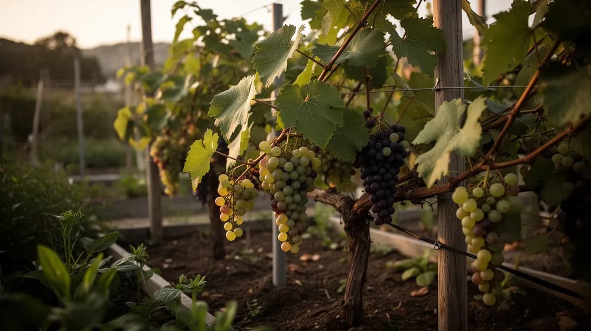 Thompson Seedless grapevines trained along a sturdy overhead pergola in a home garden
