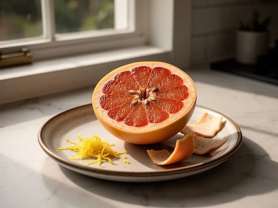 Eine halbierte Grapefruit mit rosa-rubinrotem Fruchtfleisch auf einem Holzschneidebrett