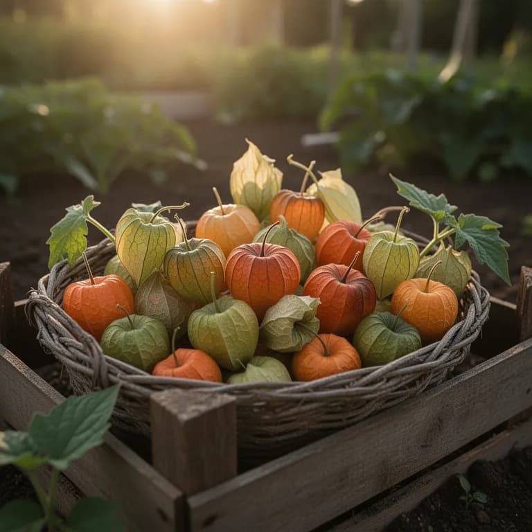 Ripe ground cherries with golden husks on the ground