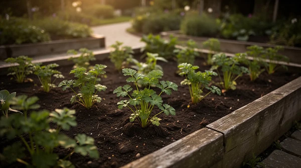 Reihe von Wurzelpetersiliepflanzen mit üppig grünen Blättern in einem gepflegten Gemüsegarten
