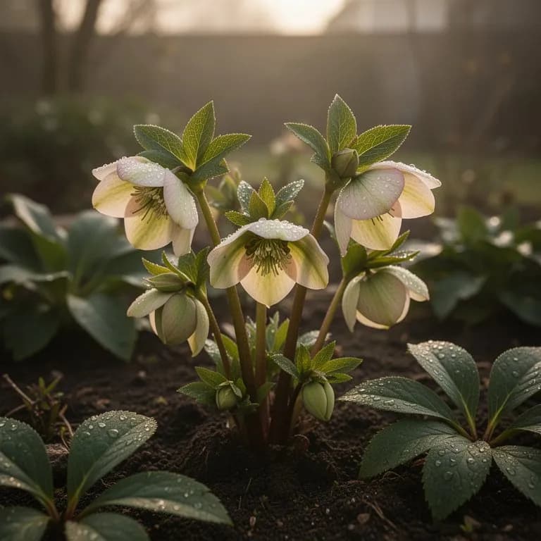 Christrosenblüten, die durch eine leichte Schneedecke brechen