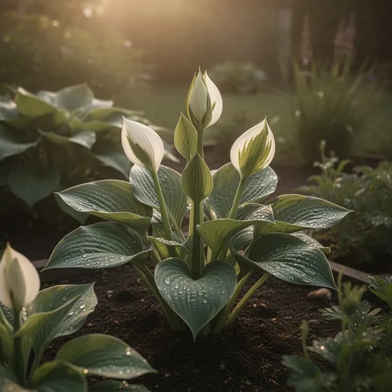 Hosta flower stalk bearing tubular lavender blooms rising above the foliage