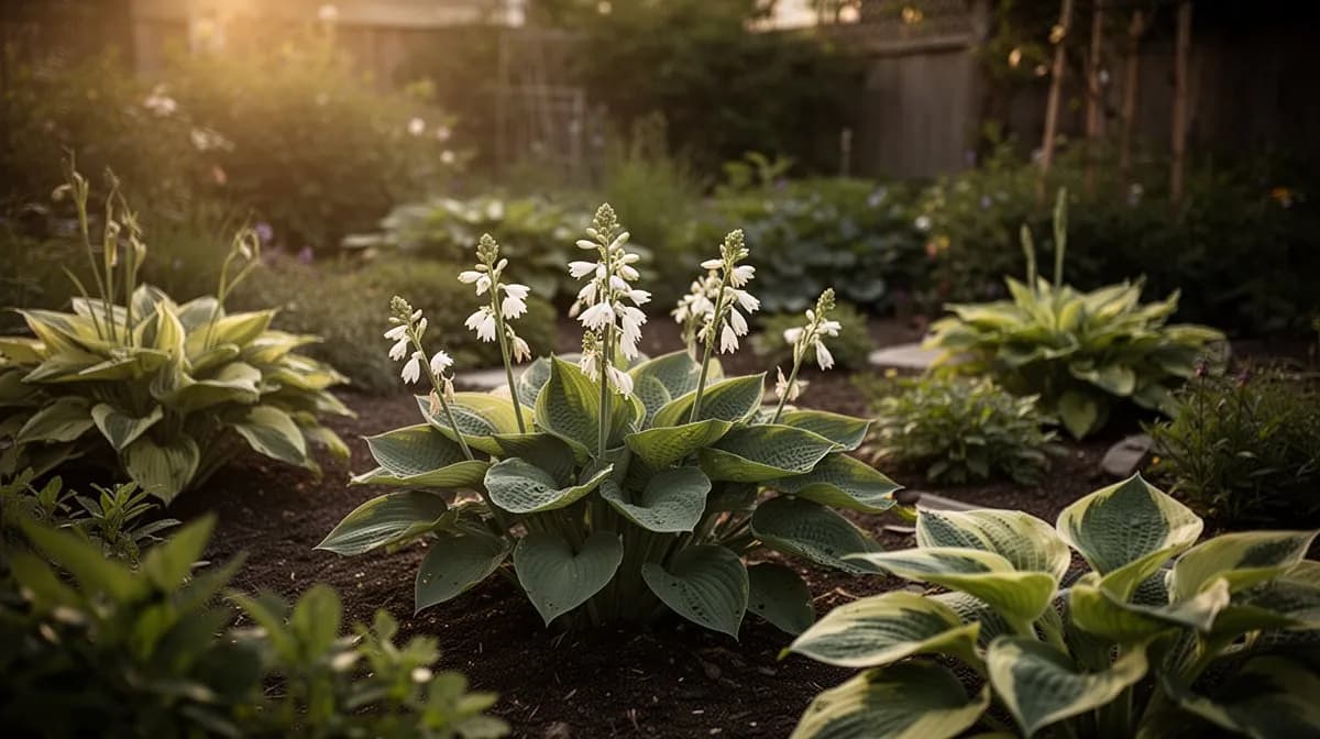 Mixed hosta varieties planted beneath mature deciduous trees in a woodland garden